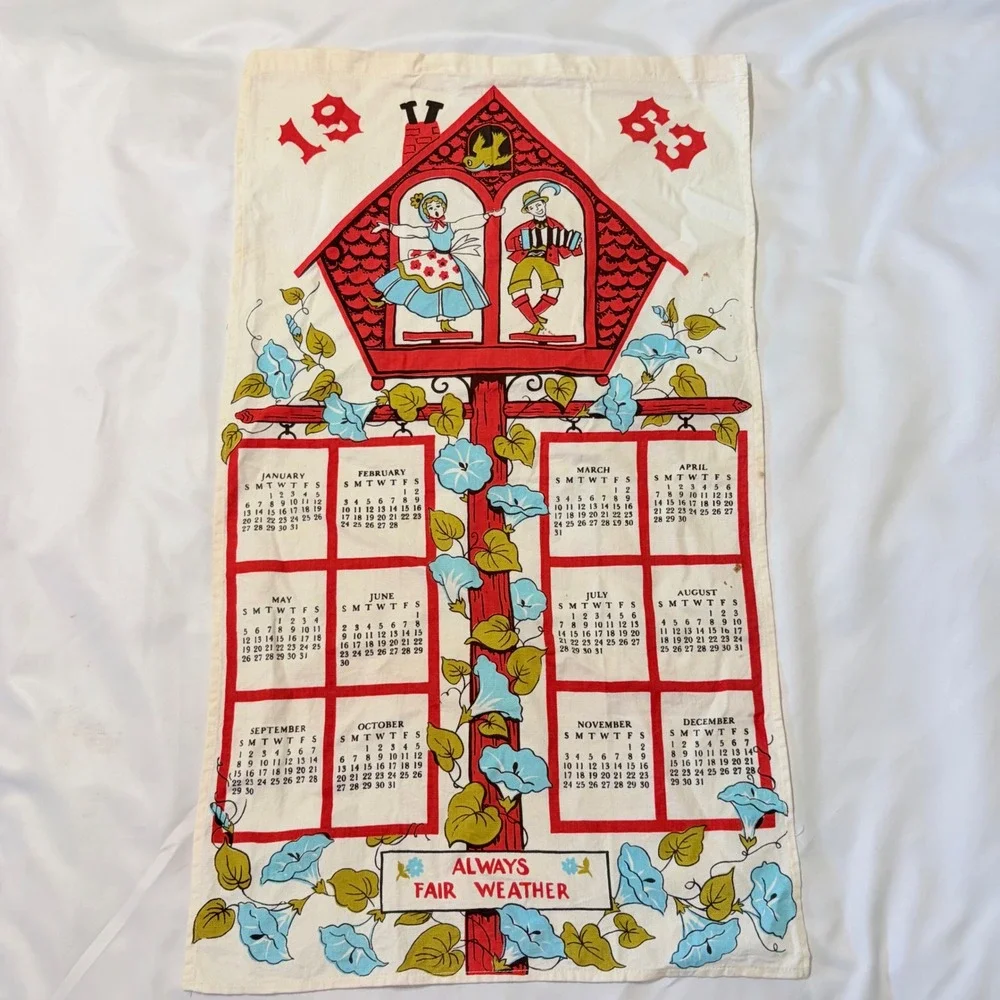 Vintage 1963 Linen Tea Towel Calendar Weather House Morning Glories 27 Inch